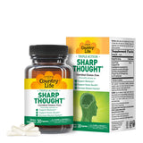 Capsules Country Life SharpThought visibles en bouteille, soutien potentiel mémoire et concentration.