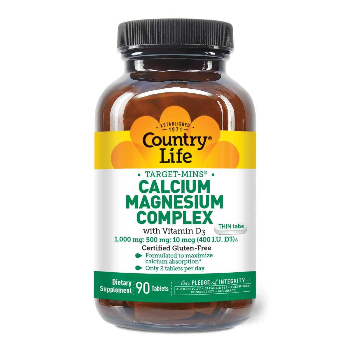 Country Life Target-Mins, bouteille-calcium-magnésium-d, soutien quotidien des os et des muscles.