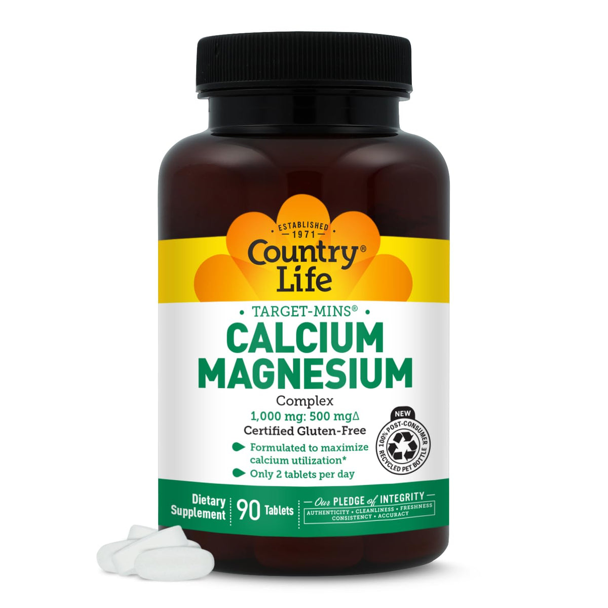 Country Life Target-Mins Calcium Magnésium Complex – bouteille affichant le dosage et les bénéfices possibles