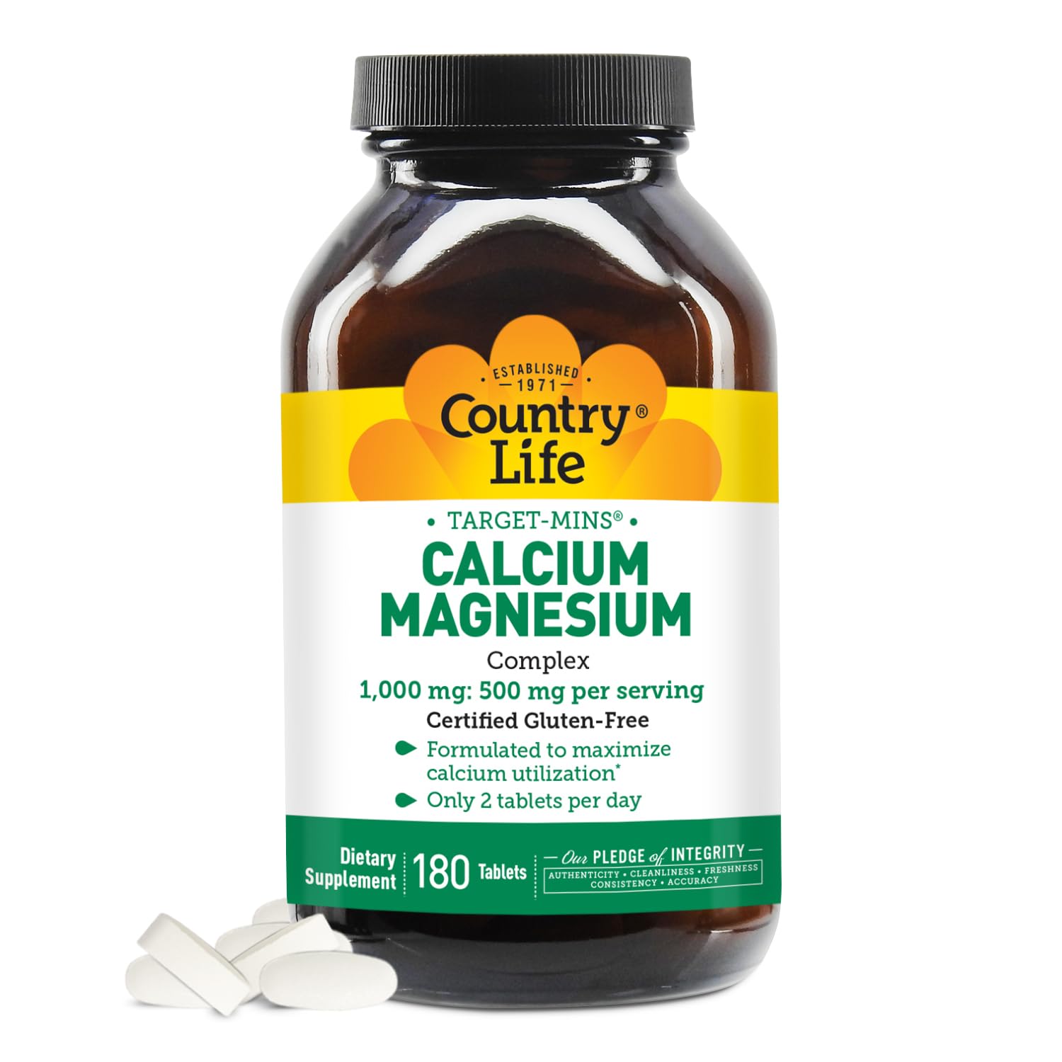 Country Life Target-Mins Calcium Magnésium Complex – bouteille montrant la formule pour la santé osseuse.