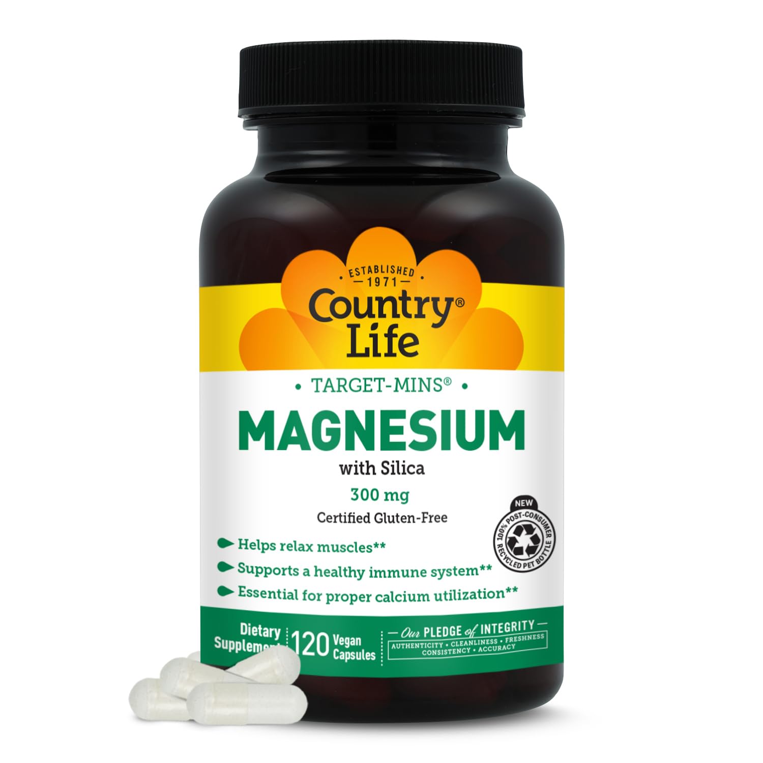Country Life Target-Mins Magnésium, bouteille et capsules, soutient détente musculaire et équilibre nerveux.