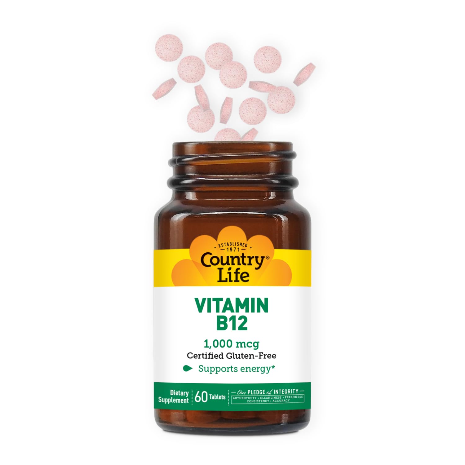 Country Life Vitamine B12 – étiquette lisible indiquant vegan et sans gluten