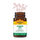 Country Life Vitamine B12 – étiquette lisible indiquant vegan et sans gluten