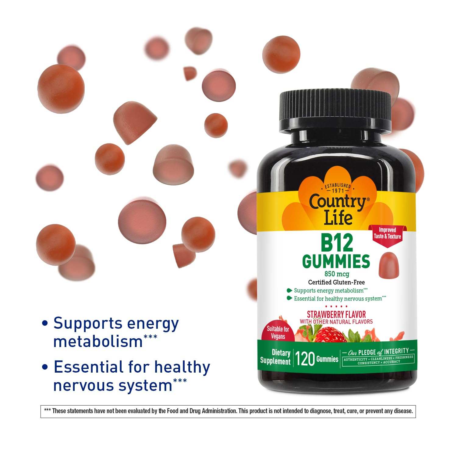 Gommes Country Life B12, texture moelleuse et saveur fraise pour énergie quotidienne
