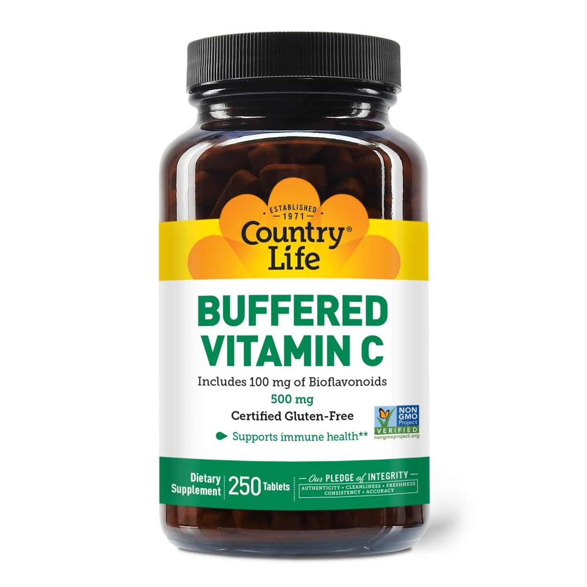 Country Life vitamine C bufferisée - bouteille claire, soutien quotidien d énergie naturelle.