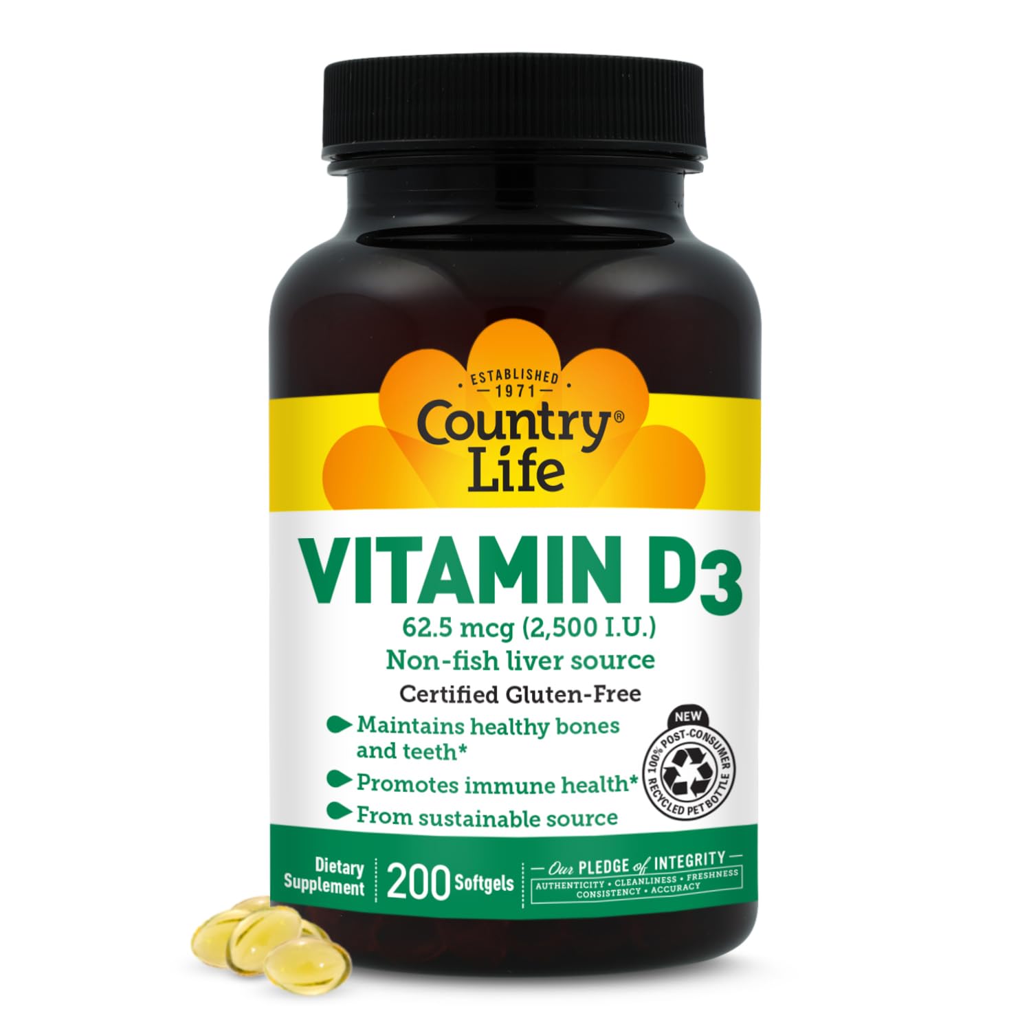 Country Life Vitamine D3 2500 UI — bouteille visible et soutien potentiel des os.