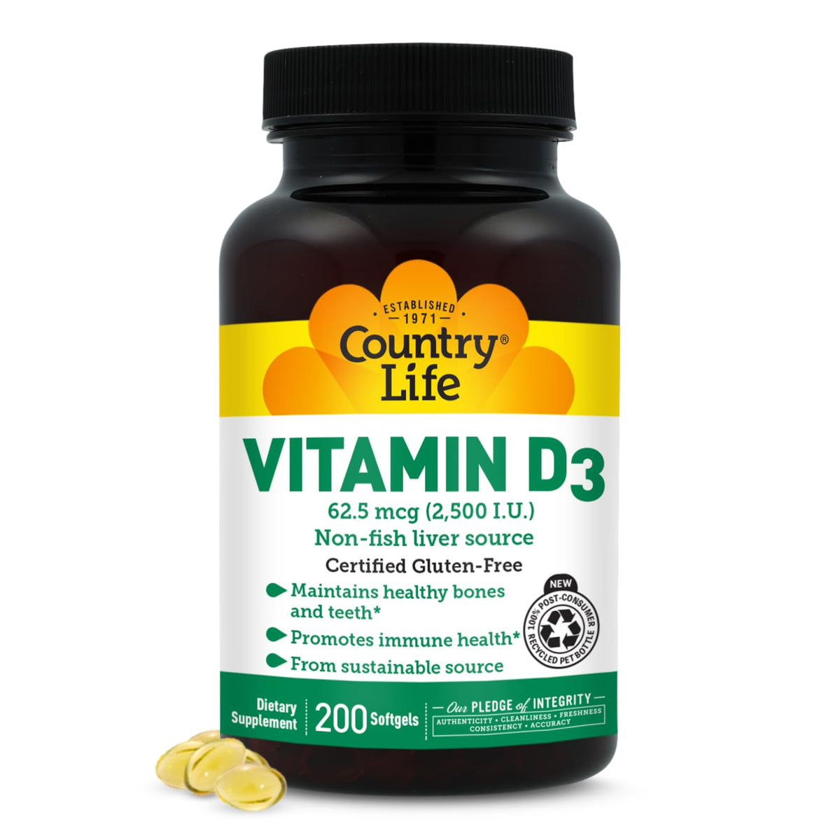 Country Life Vitamine D3 2500 UI — bouteille visible et soutien potentiel des os.