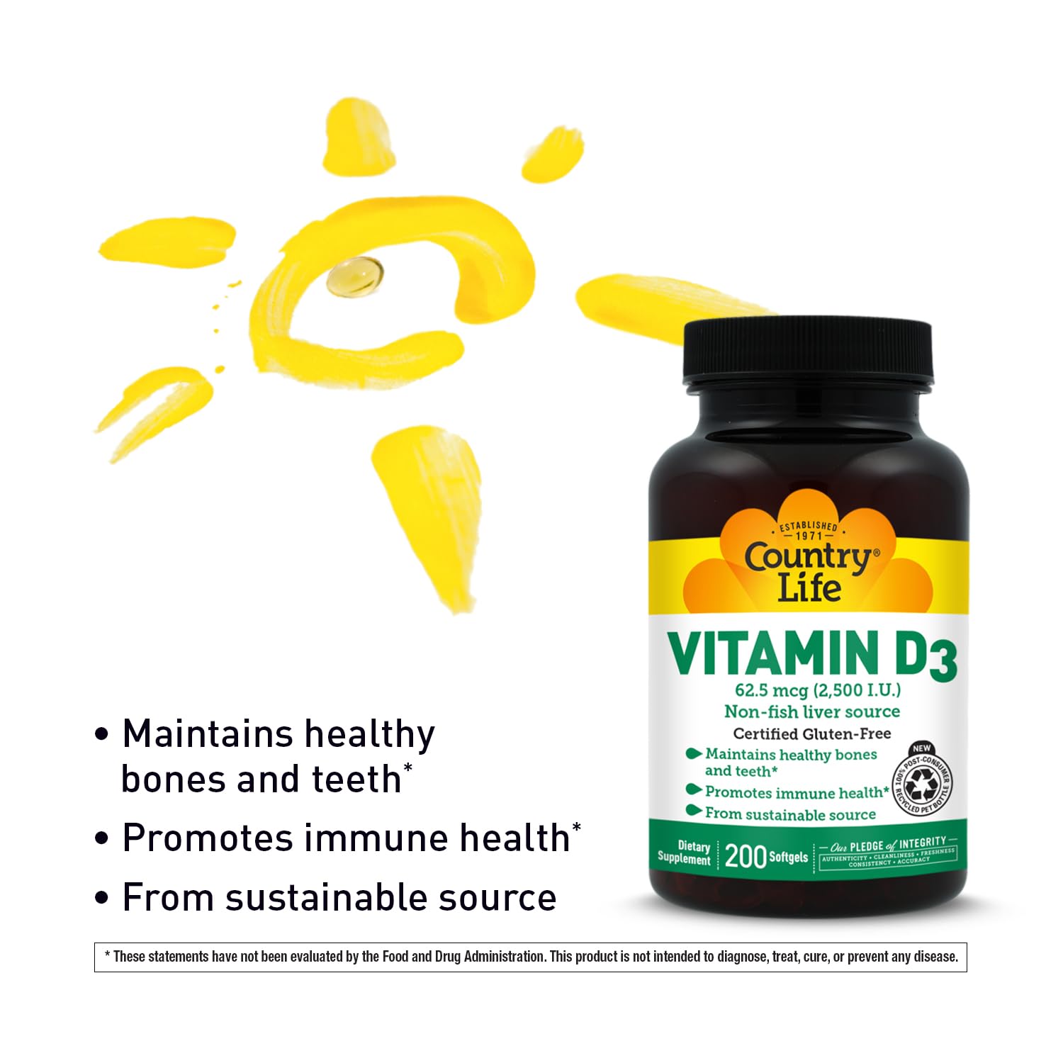 Country Life Vitamine D3 2500 UI — biodisponibilité élevée pour l'absorption du calcium.