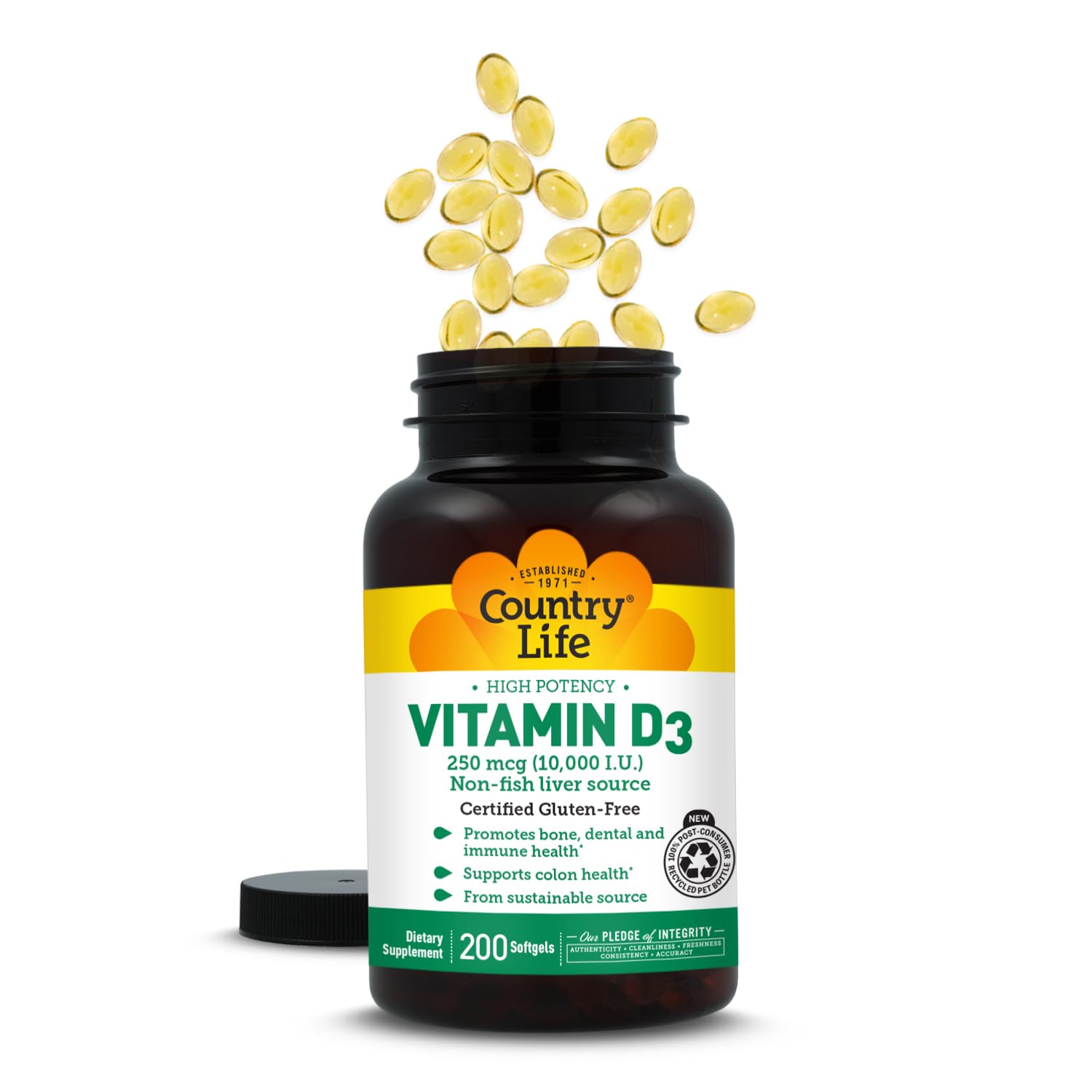 Country Life Vitamine D3 pour un soutien potentiel des os et immunité.