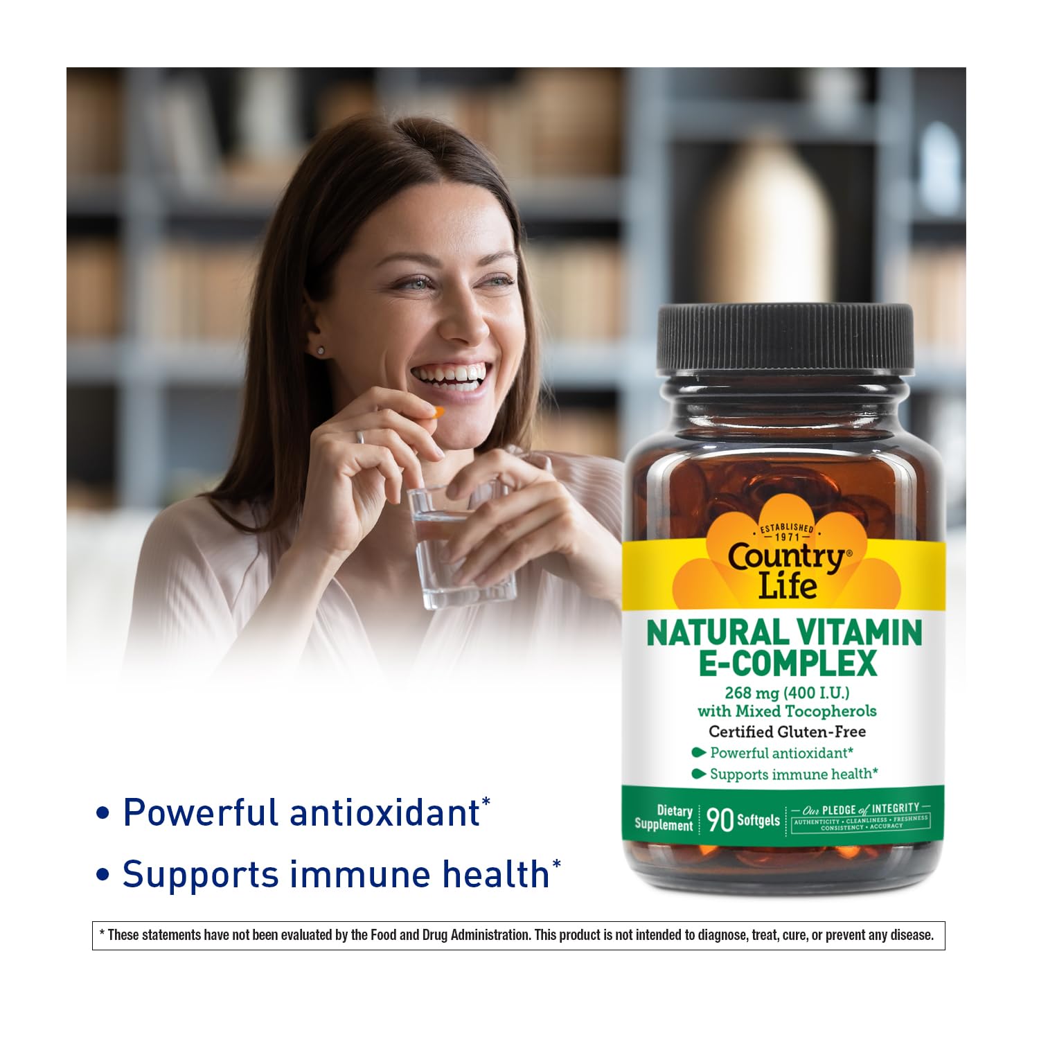 Étiquette Country Life Complexe Vitamine E 400 UI, emballage sans gluten.
