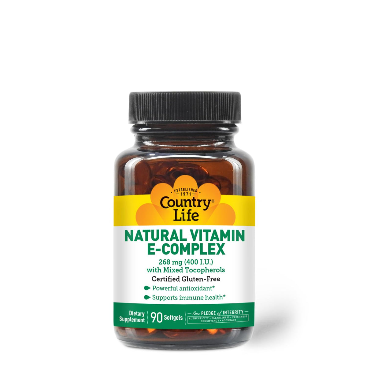 Country Life Complexe Vitamine E 400 UI – gélules dans une bouteille, soutien antioxydant potentiel.