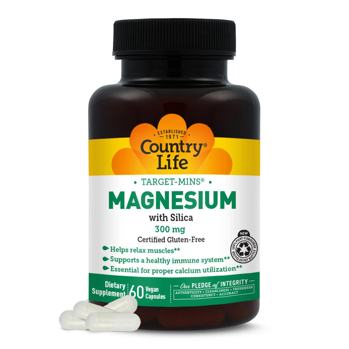 Country Life Target-Mins Magnésium-Silice : bouteille prête pour la détente musculaire potentielle au quotidien.