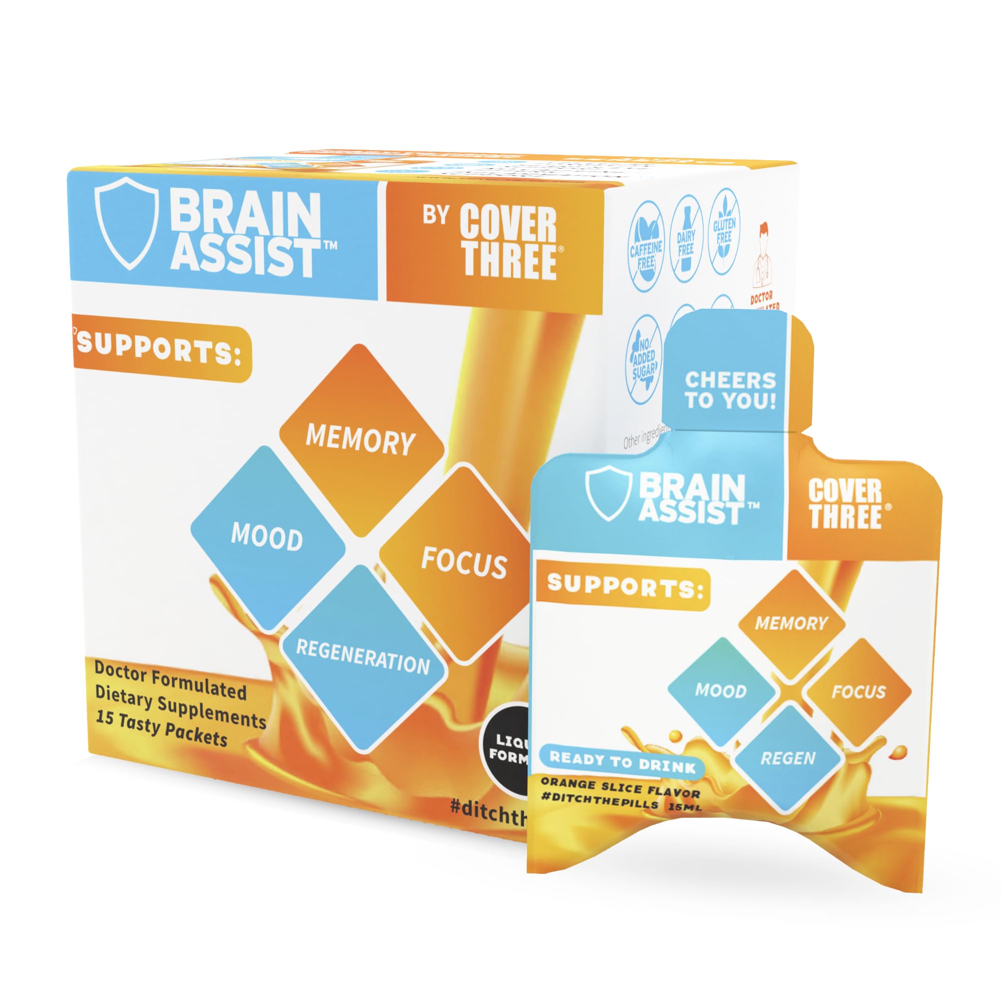 Cover Three Brain Assist, bouteille prête à boire pour soutenir la concentration.