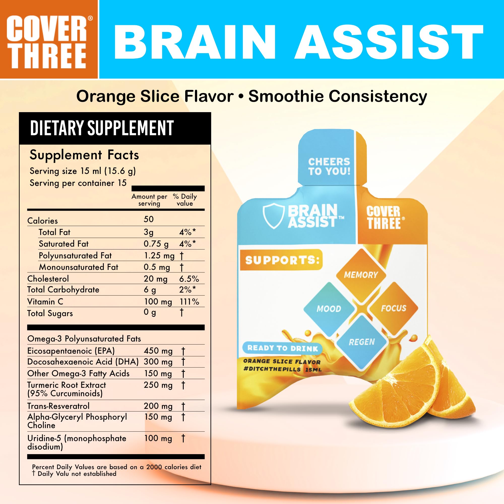 Cover Three Brain Assist, ingrédients curcumine et uridine pour une meilleure clarté d'esprit.