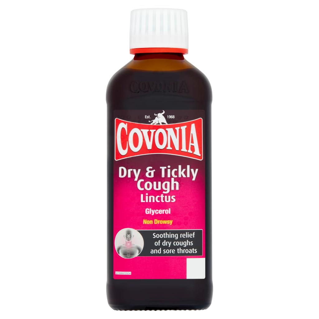 Covonia Dry & Tickly Cough Linctus — bouteille brune, apaisante pour la gorge
