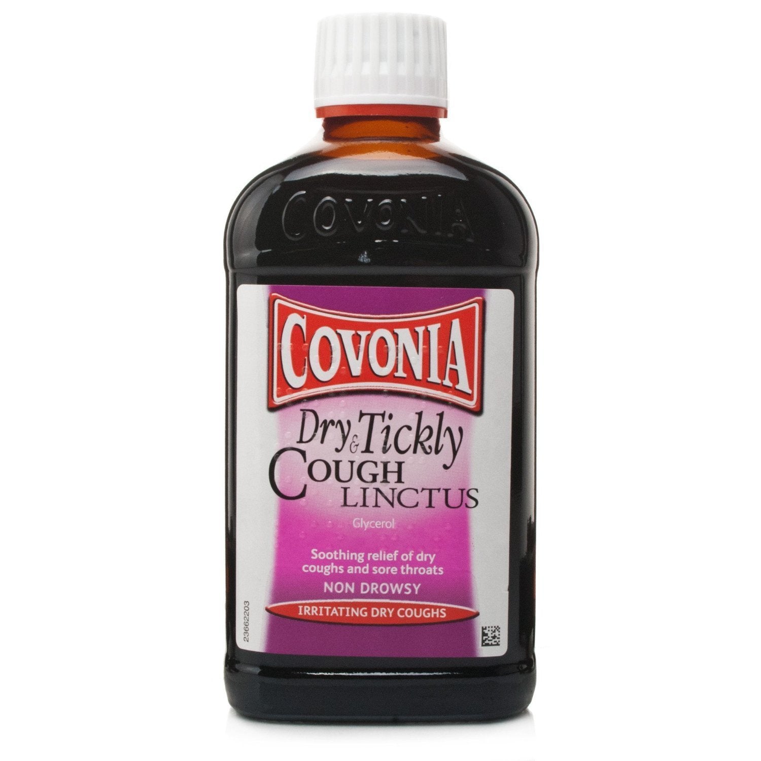 Covonia sirop-toux sec bouteille, apaisement potentiel de la gorge et réduction de l'irritation.