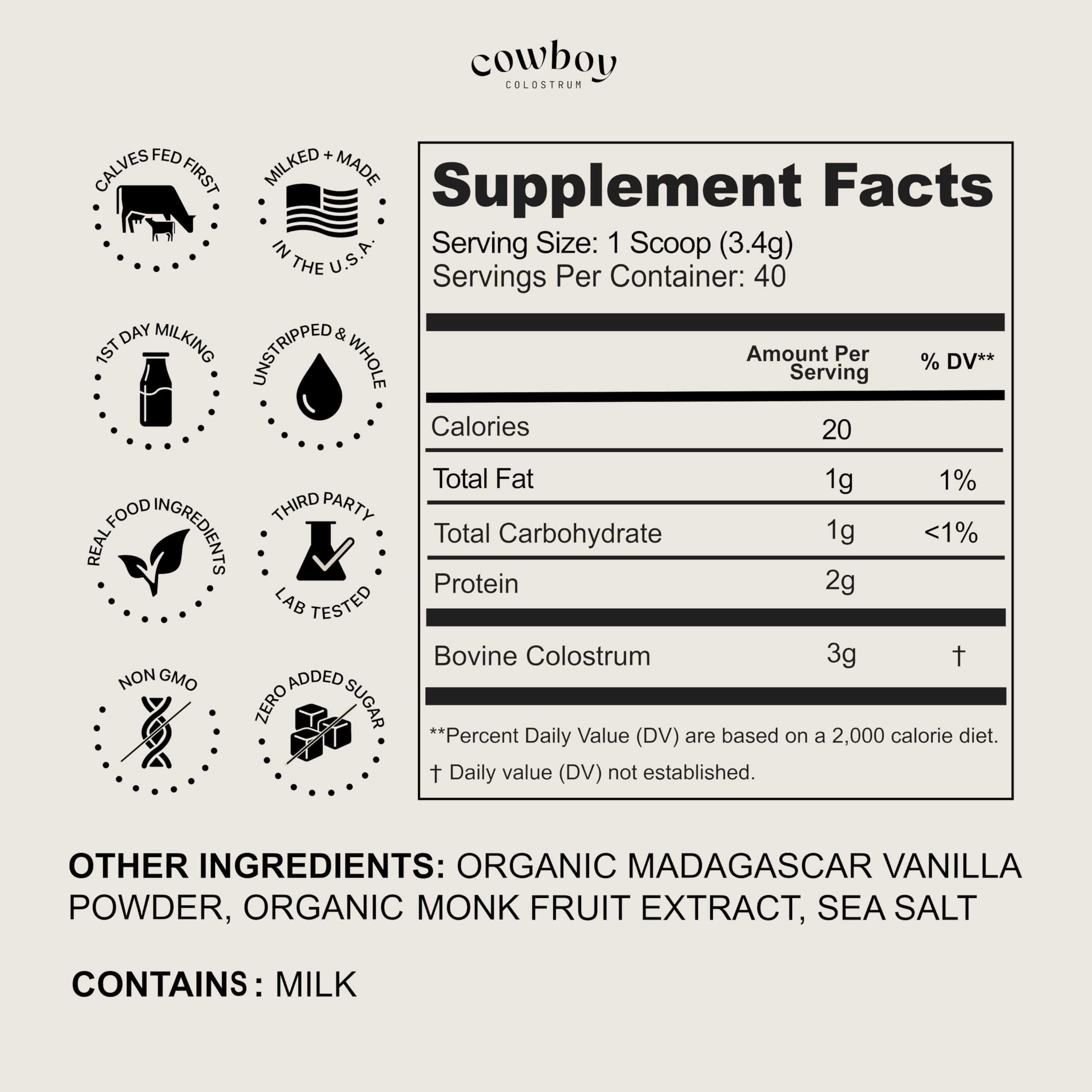 Cowboy Colostrum Poudre Densité Nutritionnelle : texture crème et nutriments essentiels.