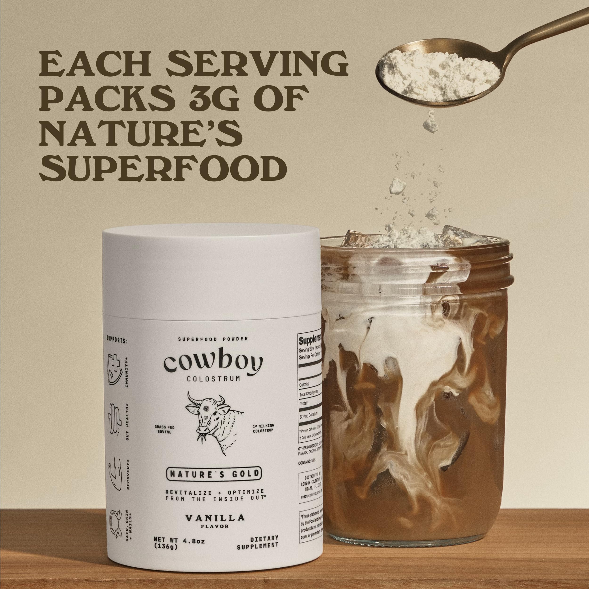 Cowboy Colostrum Poudre Santé Intestinale : peut contribuer à l’équilibre du microbiote.