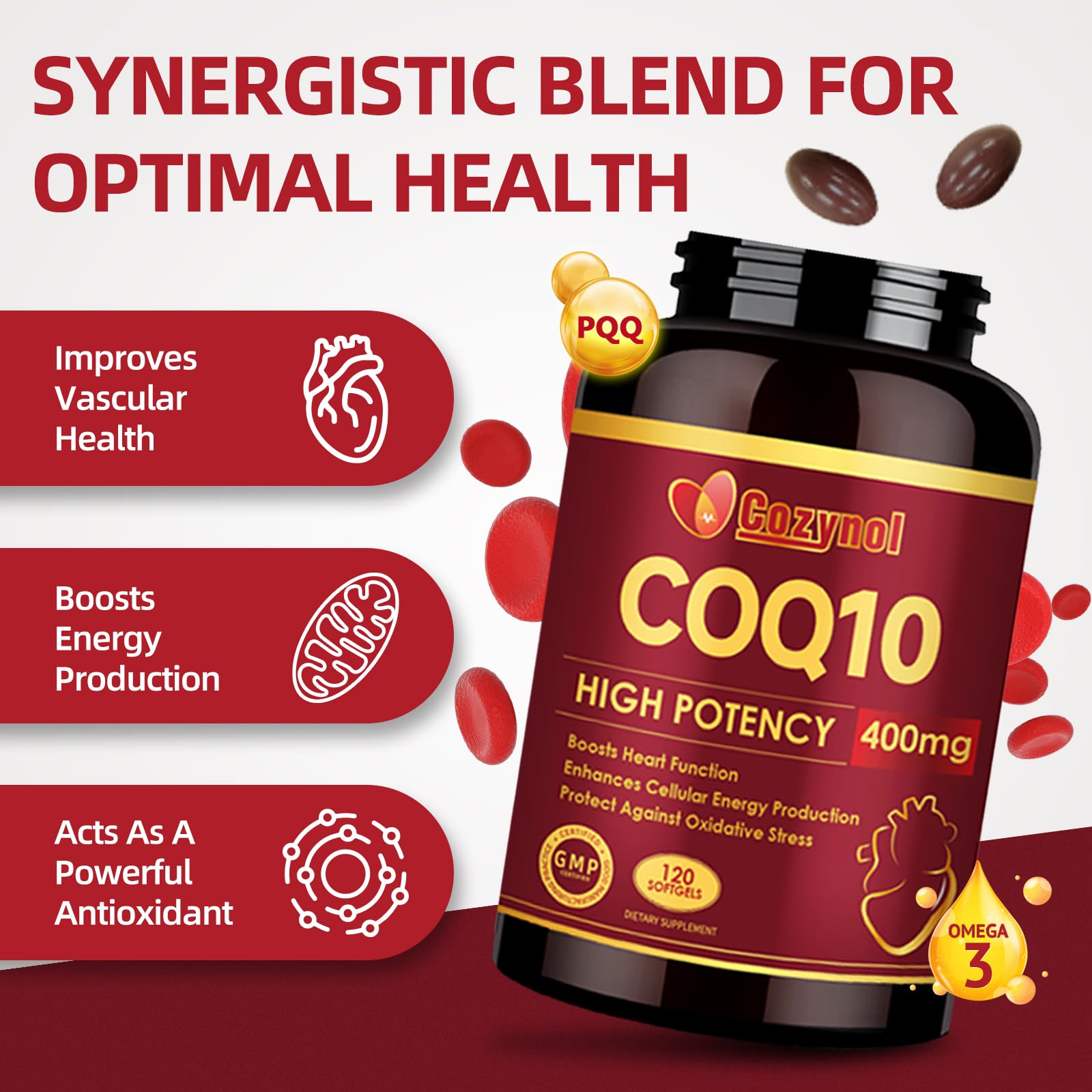 Étiquette Cozynol CoQ10 affichant Omega-3 et PQQ.