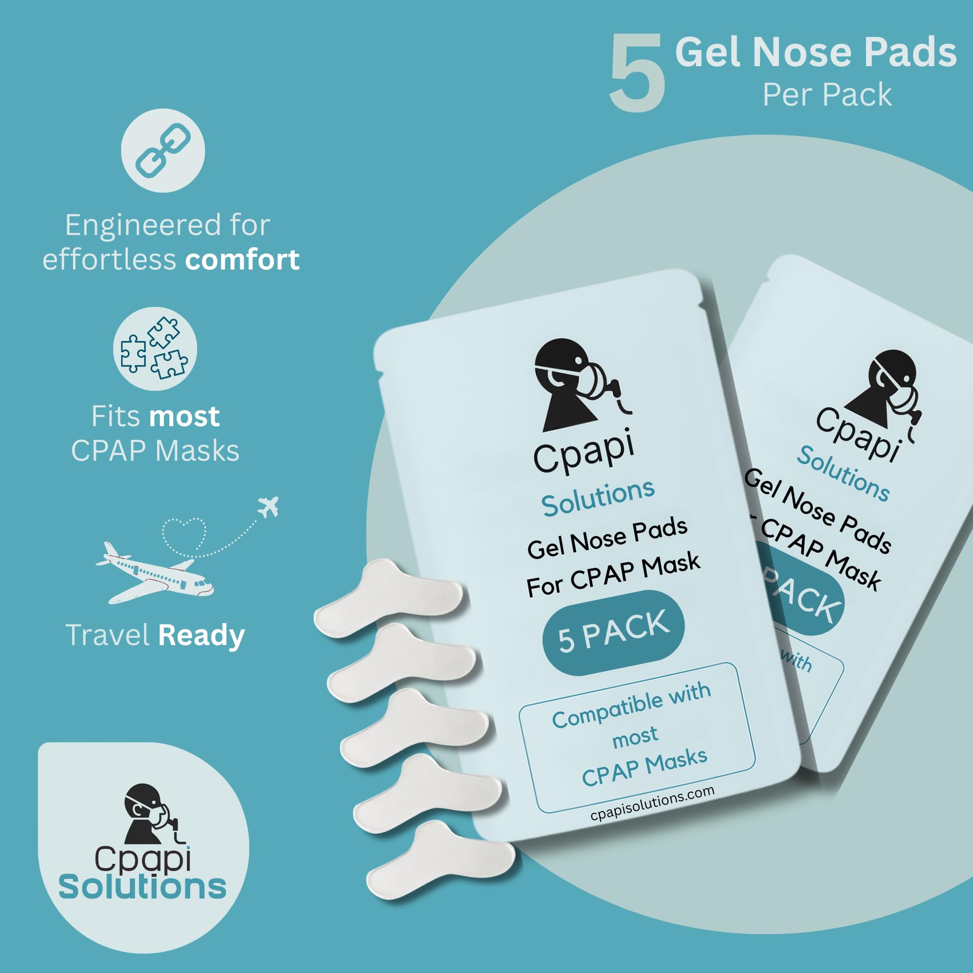 Coussinet gel CPAPi Solutions utilisé avec masque visage complet améliore l’étanchéité.