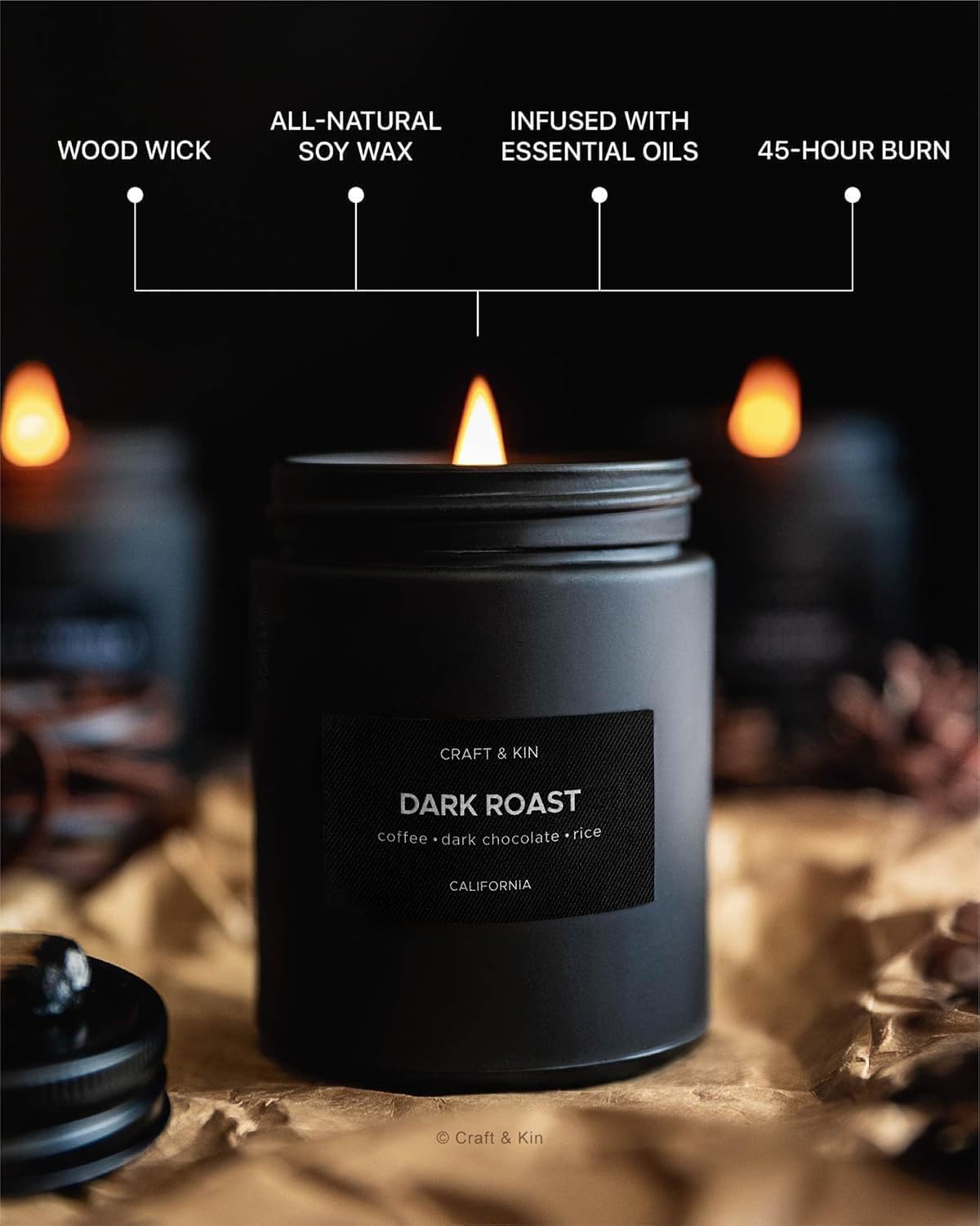 Gros plan sur la cire naturelle Craft & Kin Café Dark Roast pour une combustion propre.