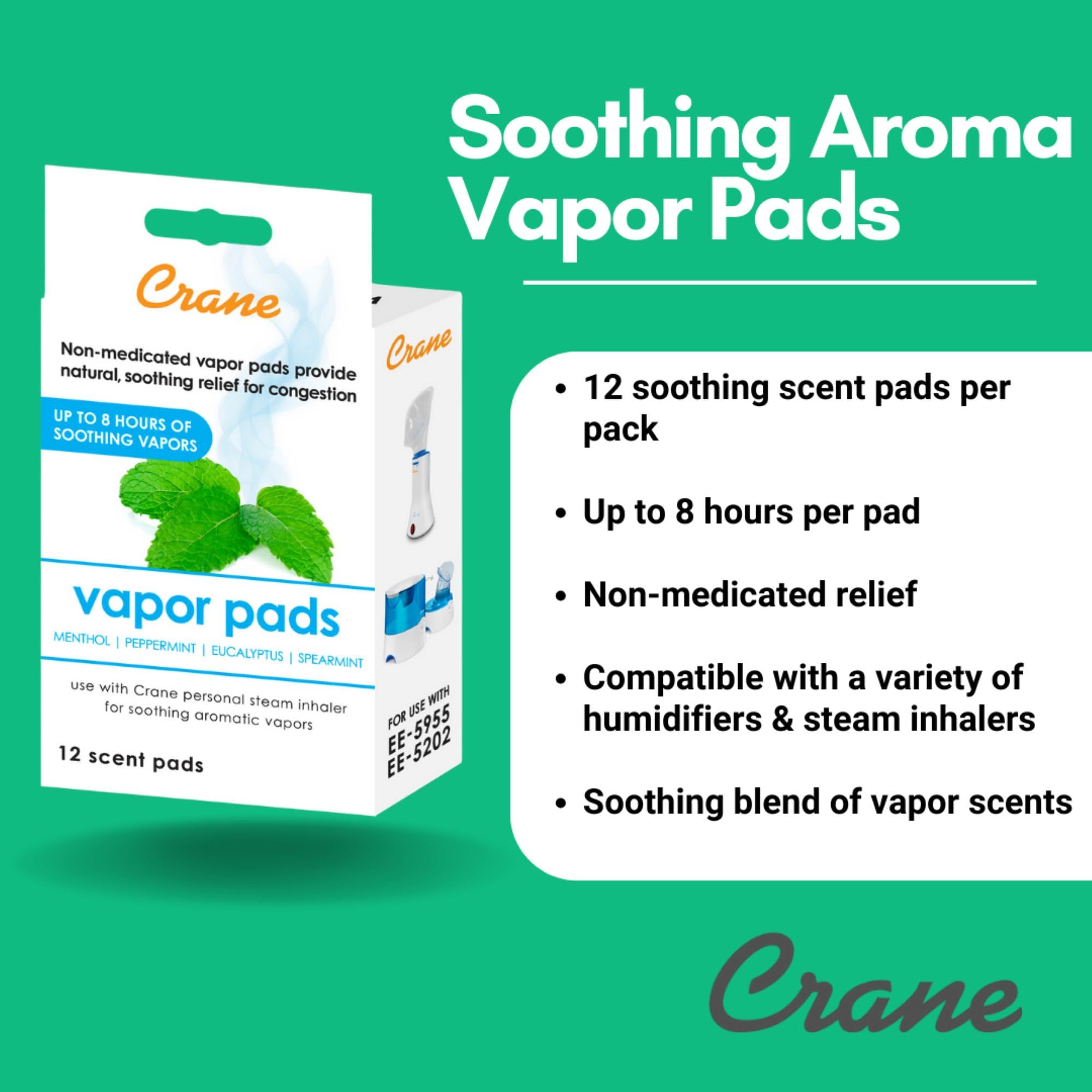 Crane Menthol-Eucalyptus, dans inhalateur câblé, vapeur apaisante et efficace.