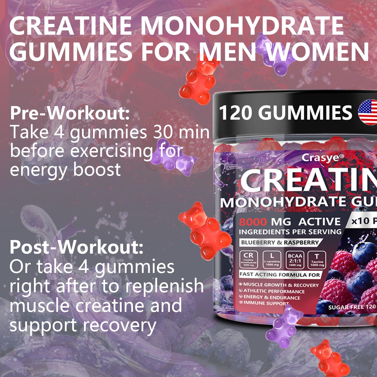 Gomme Crasye Créatine Monohydrate pour un soutien potentiel à la performance.