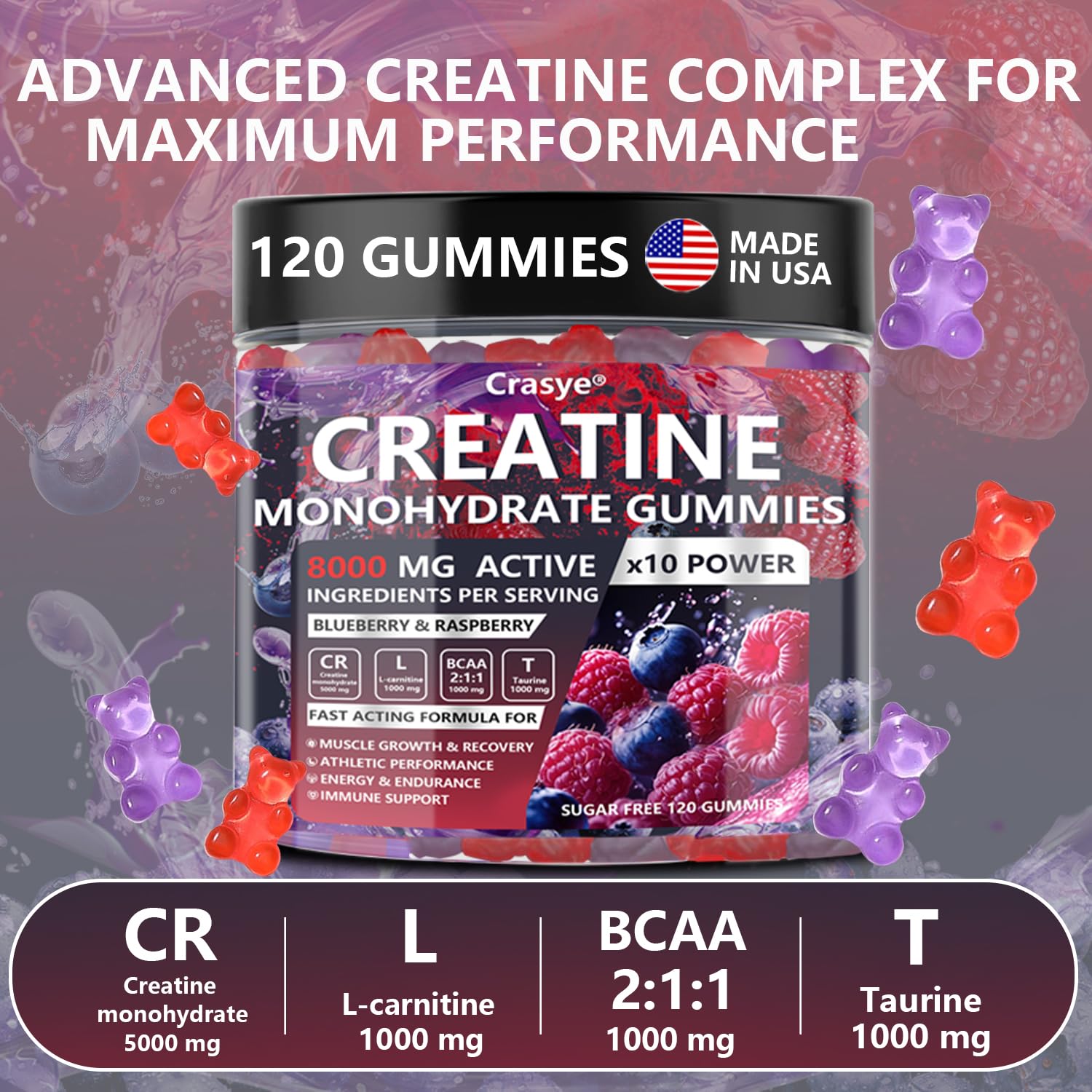Gomme Crasye Créatine Monohydrate sans gluten et végan, adaptée à votre régime.