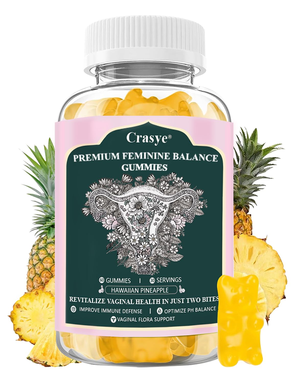 Gommes Crasye Premium – Bouteille affichant l'équilibre du pH et le bien-être féminin.