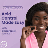 Gros plan sur les comprimés Oméprazole 20 mg, texture et uniformité visibles.
