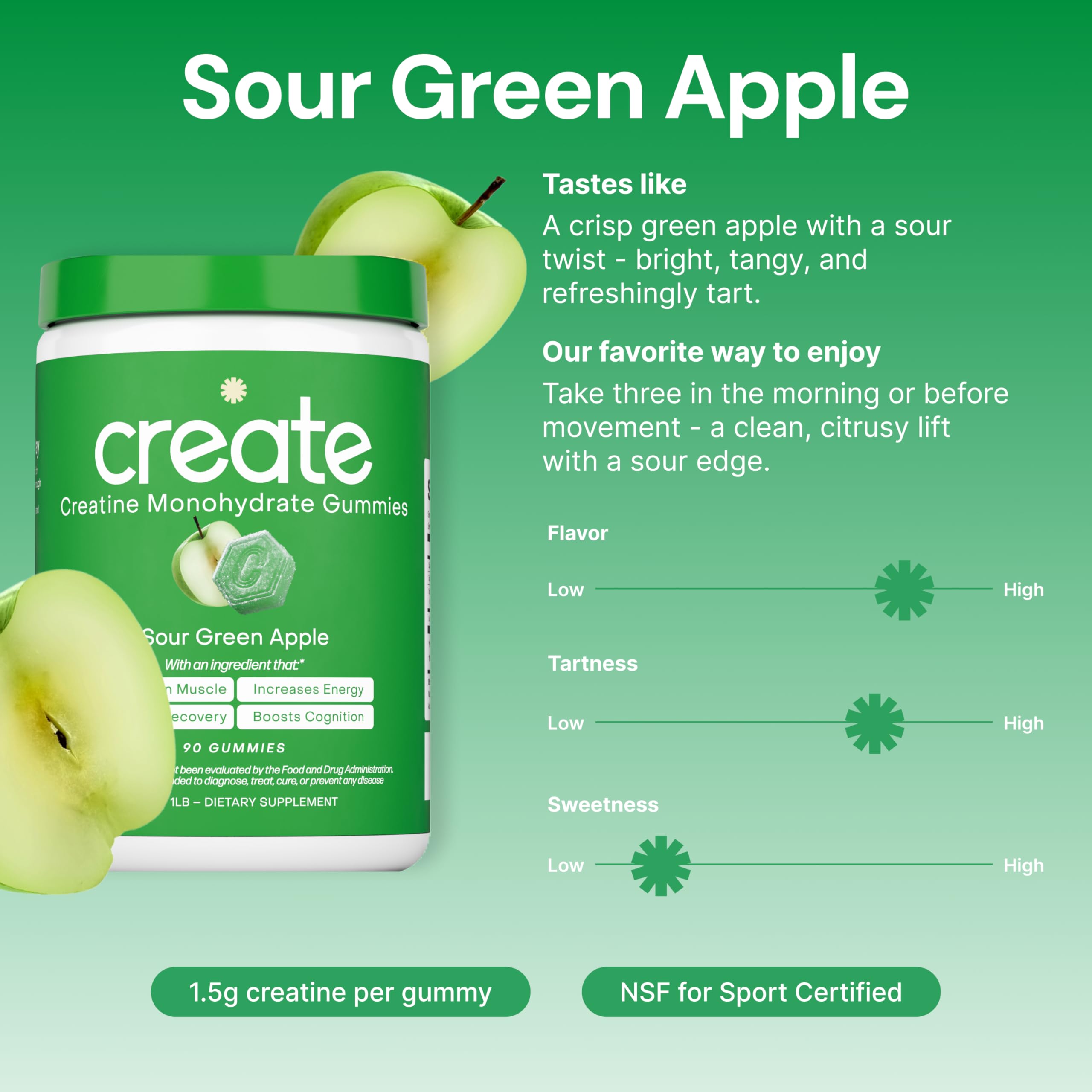 Étiquette vegan et sans OGM sur les gummies Create Creatine Monohydrate.