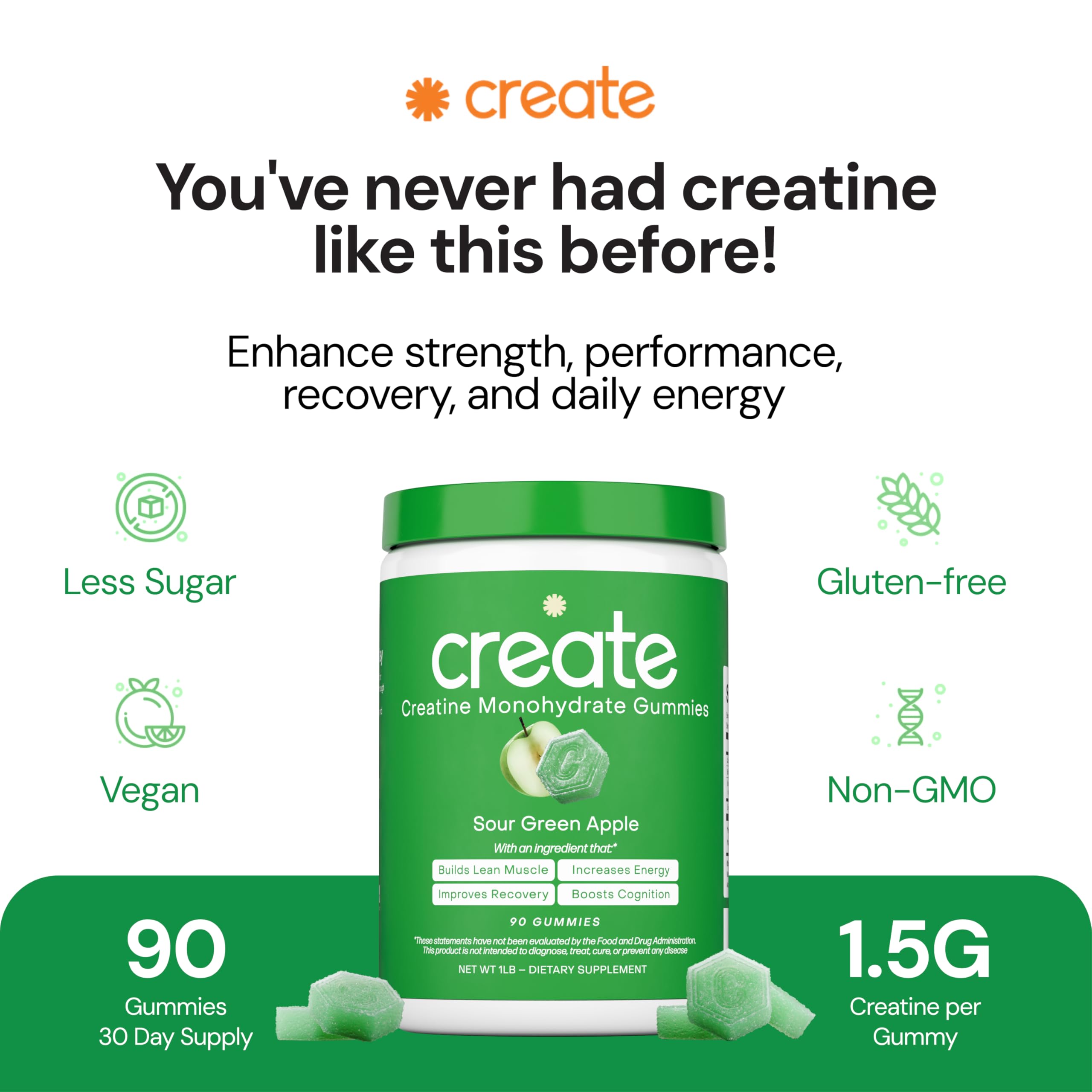 Gomme orange Create Creatine Monohydrate Gummies, goût rafraîchissant.