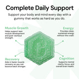 Pot transparent Create Creatine Monohydrate Gummies montrant 1,5 g par gommette.