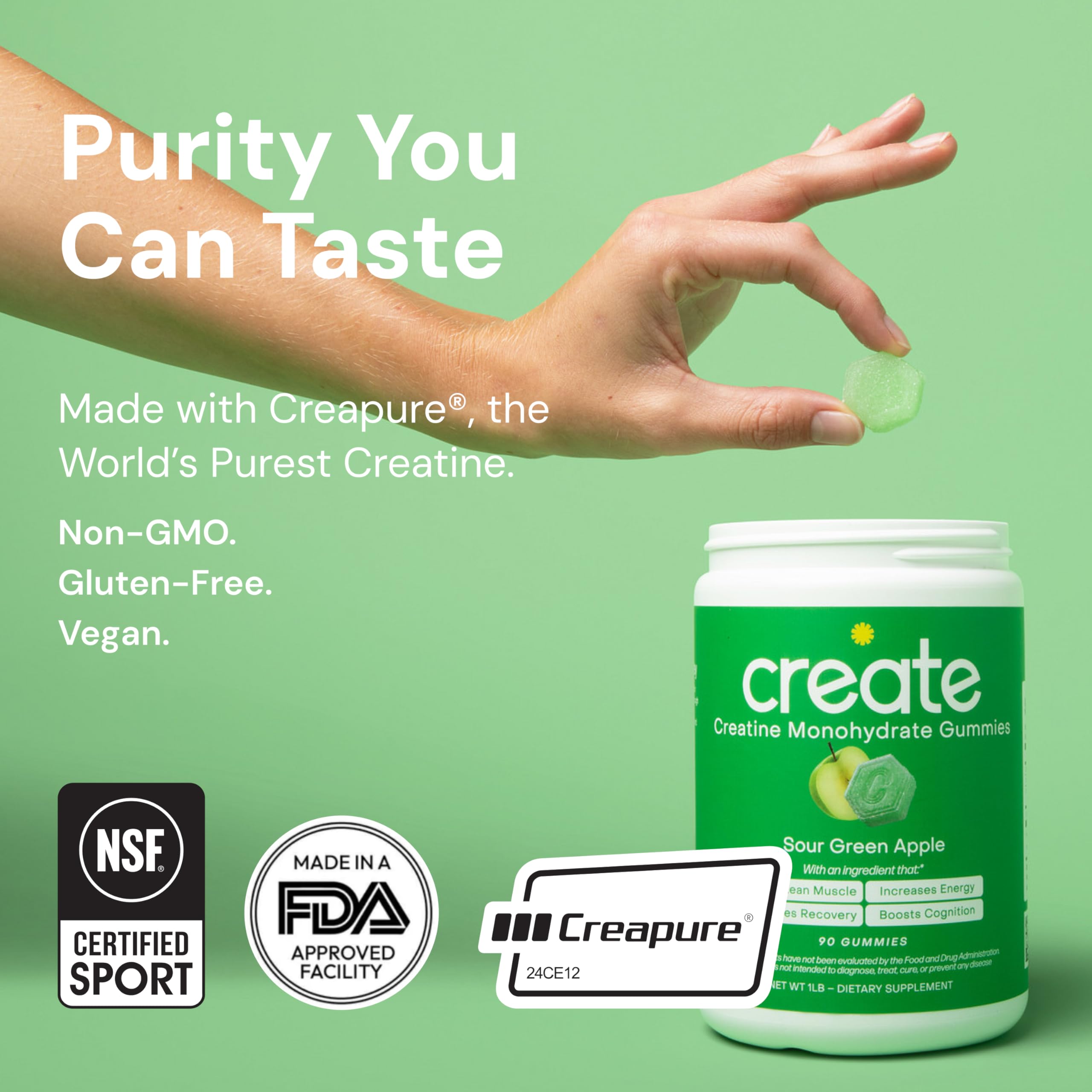 Texture gélifiée Create Creatine Monohydrate Gummies, formule qui résiste à la fonte.