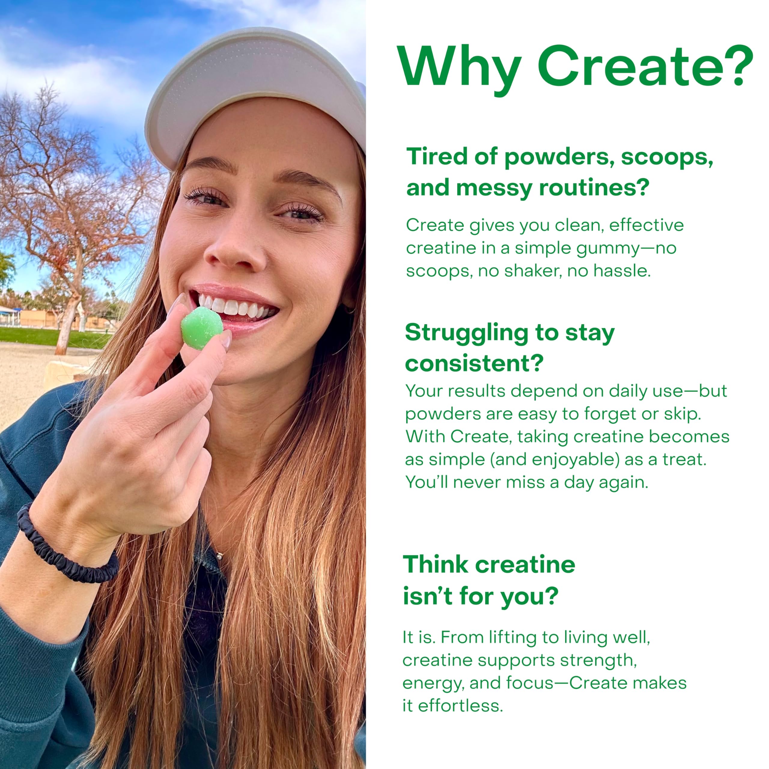Flacon Create Creatine Monohydrate Gummies avec étiquette vegan et sans gluten.