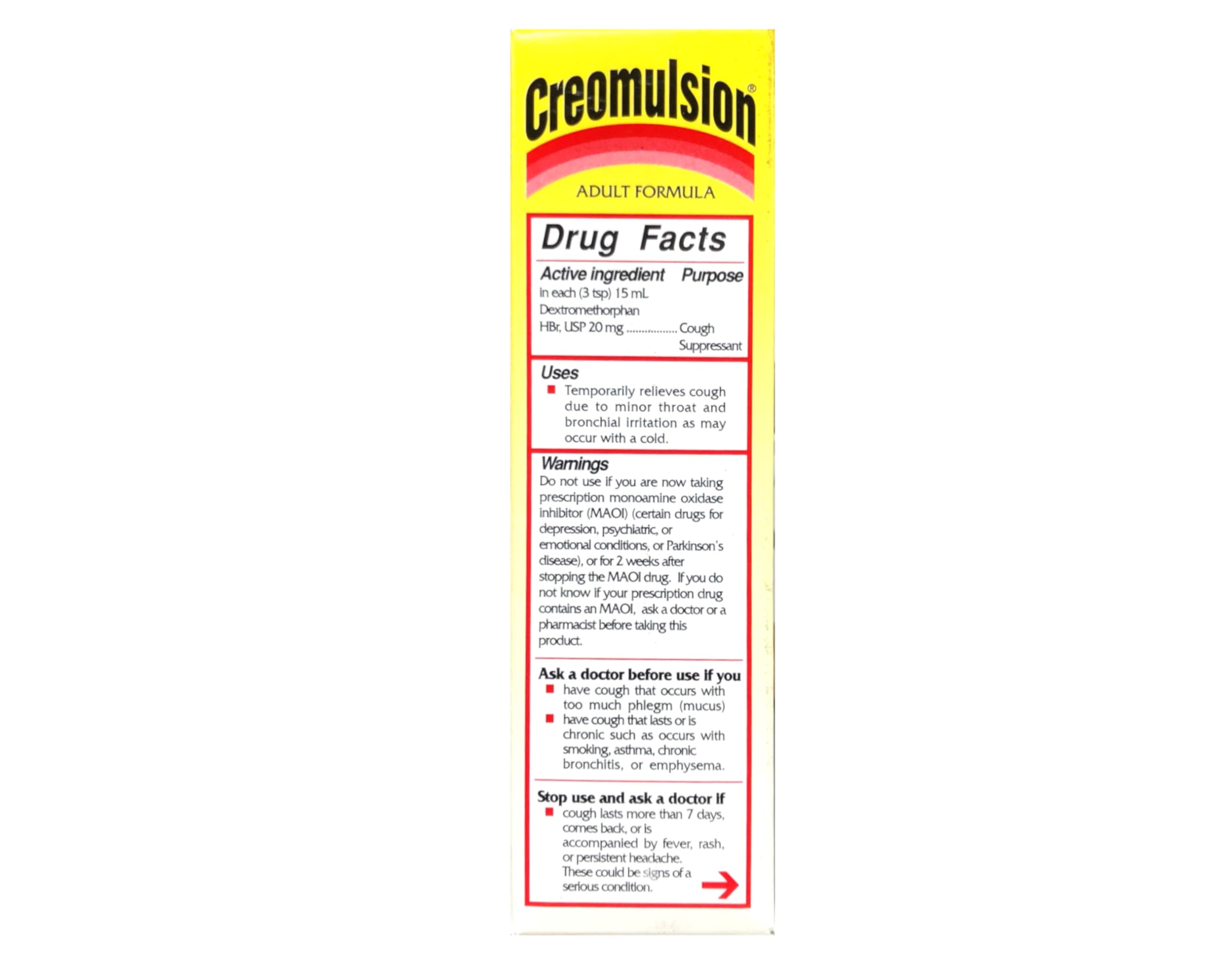 Étiquette Creomulsion montrant le dosage et les ingrédients.