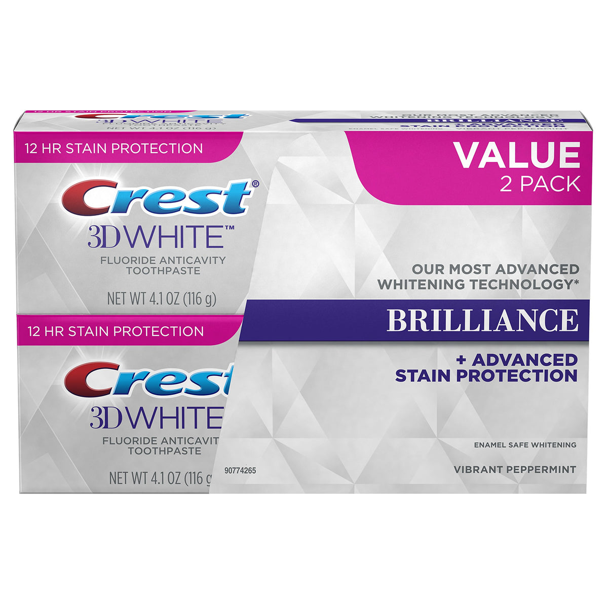 Dentifrice Crest 3D Brilliance Vibrant menthe, tube prêt à l'emploi pour un sourire éclatant.