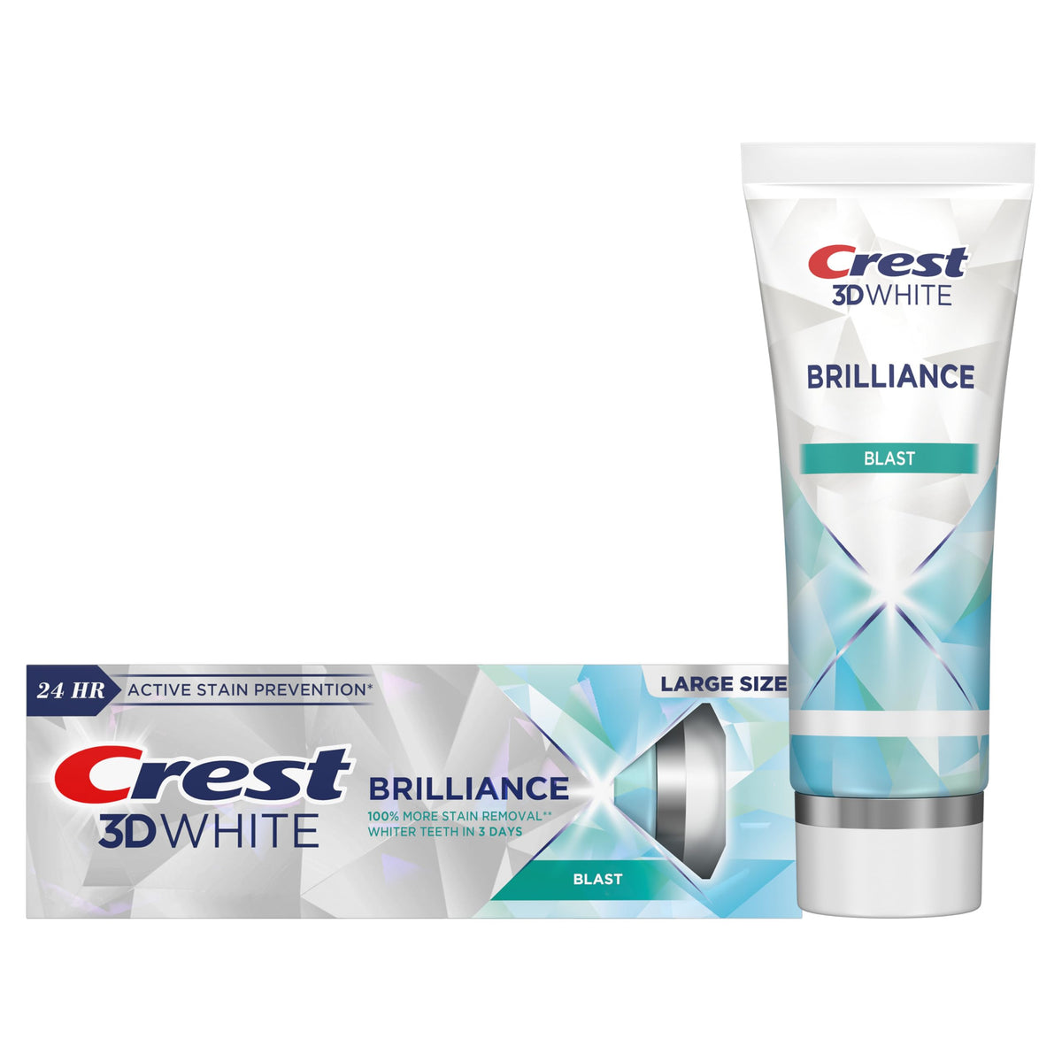 Crest 3D White Brilliance Blast, tube dentifrice, lutte contre les taches et haleine fraîche.