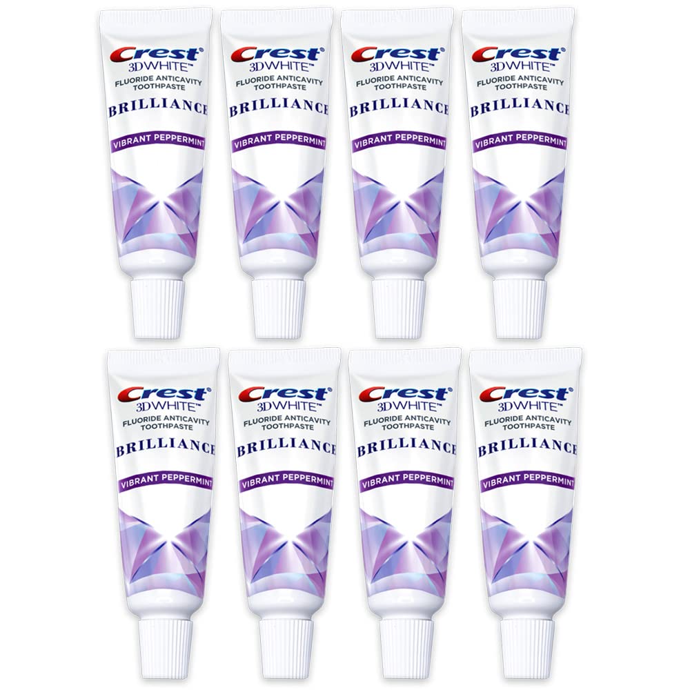 Crest 3D White Brilliance dentifrice voyage menthe poivree, pour une sensation de propreté et de fraîcheur.