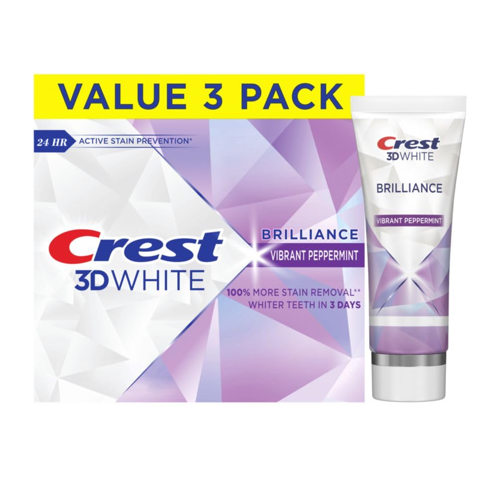 Crest 3D White Brilliance menthe vibrante, pack-tubes prêt à l’emploi pour un blanchiment ciblé.