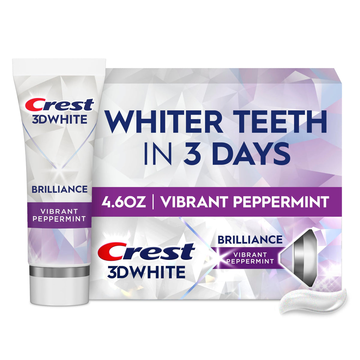Crest 3D White Brilliance dentifrice menthe vibrante, aide à blanchir les dents et à prévenir les taches.
