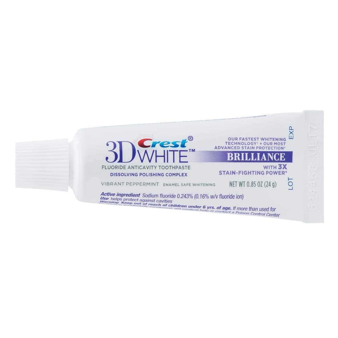 Crest 3D White Brilliance format voyage, dentifrice portable pour brossage en déplacement.