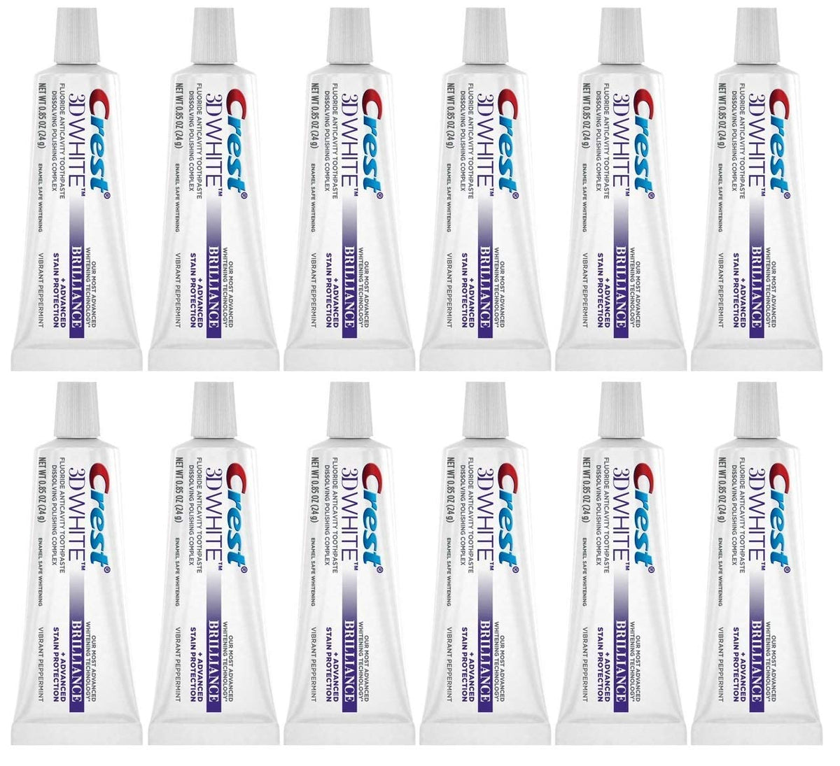 Crest 3D White Brilliance—tube dentifrice, action blanchissante et protection contre les taches.