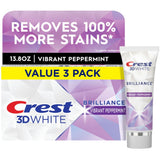 Crest 3D White Brilliance utilisation quotidienne pour un sourire lumineux.