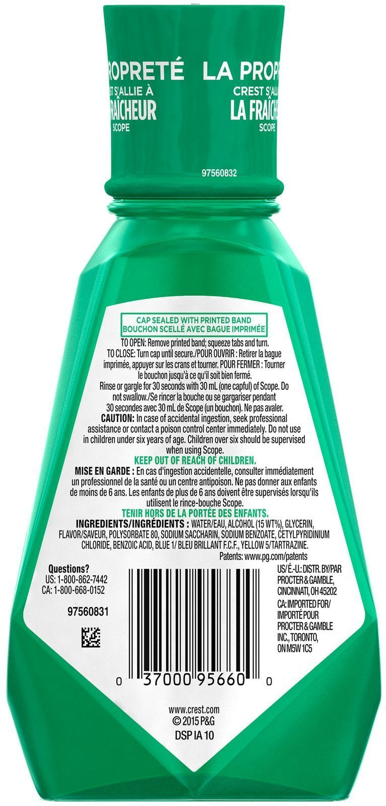 Bain de bouche Crest Classic Formule Originale, vue arrière, hygiène buccale quotidienne facilitée.