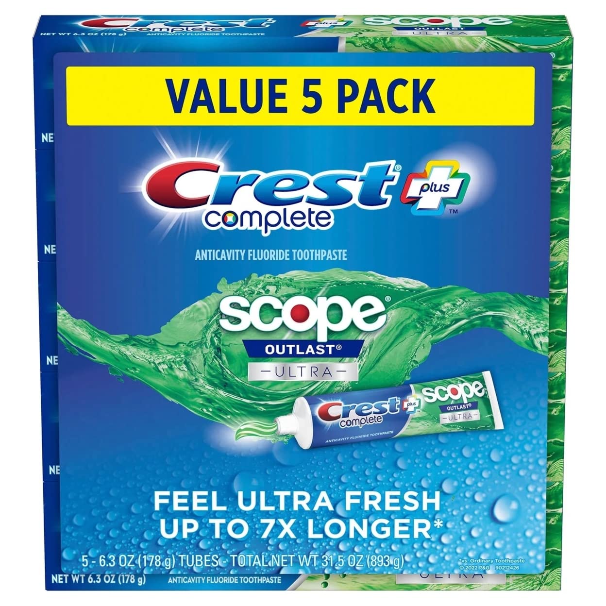 Crest Complete + Scope Outlast en tube, fraîcheur durable toute la journée.
