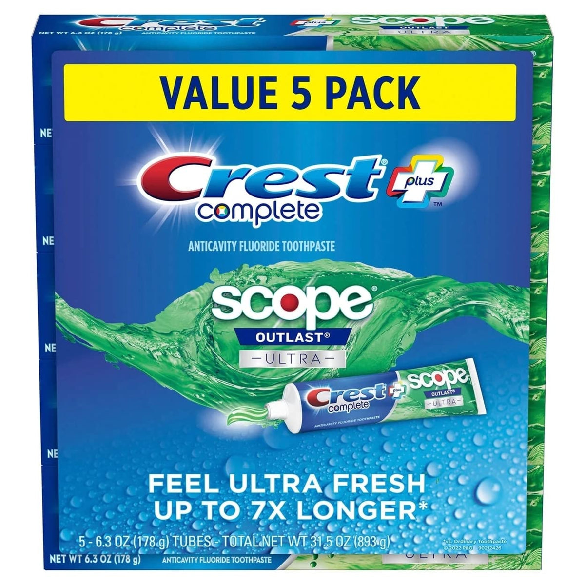 Crest Complete + Scope Outlast en tube, fraîcheur durable toute la journée.