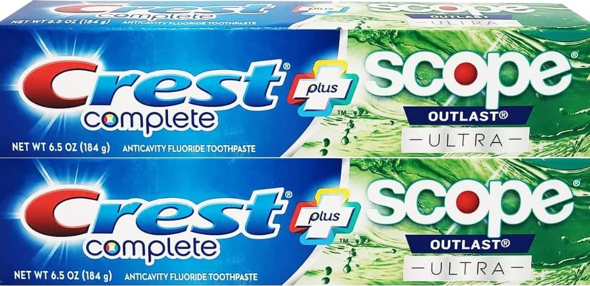 Crest Complete Whitening Plus Scope Outlast Ultra dentifrice emballage visible, fraîcheur durable au quotidien.