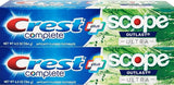 Crest Complete Whitening Plus Scope Outlast Ultra dentifrice emballage visible, fraîcheur durable au quotidien.