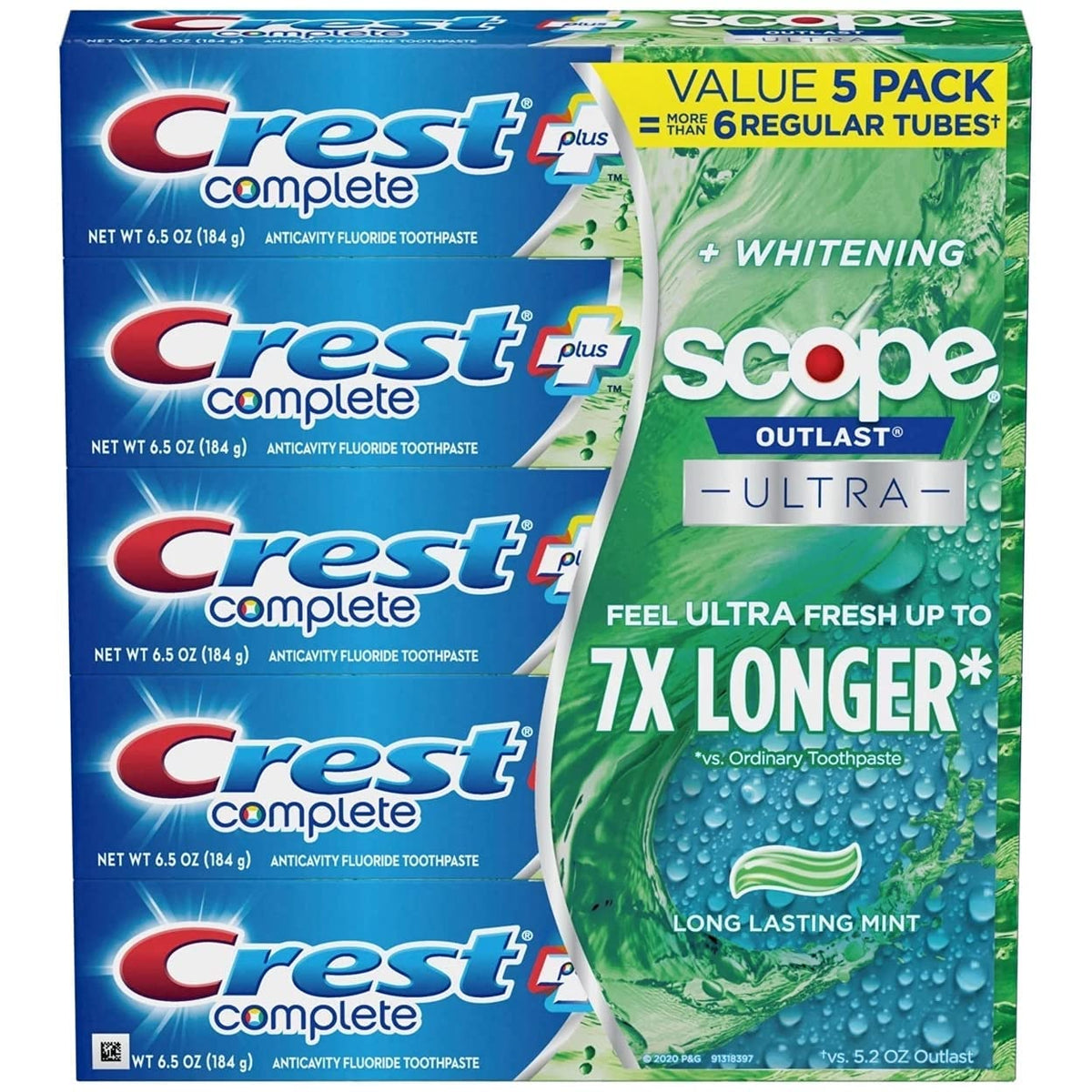 Dentifrice Crest Complete Whitening + Scope, tube visible, aide à éliminer les taches et protège contre les caries.